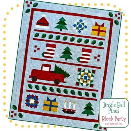 Top US quilting blog and shop, Kate Colleran Designs, shares about the Chalk Hill Blue fabric and a giveaway! Image shows a pieced Christmas quilt in blue, red, green, white and yellow fabrics.