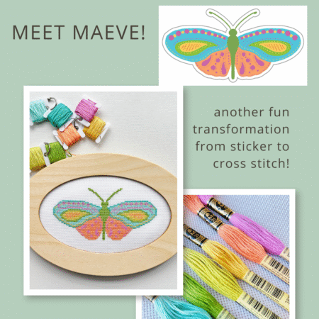 Top US quilting blog and shop, Kate Colleran Designs, shares about her Christmas in July posts and a last giveaway for the month! image shows a  small orange, aqua, green and magenta butterfly as a sticker and cross stitch.