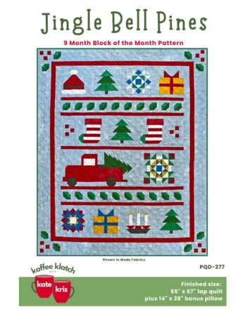 Top US quilting blog and shop, Kate Colleran Designs, shares about the Jingle Bell Pines Block of the Month quilt Block Party. Image is the pattern cover for a holiday quilt with a medium blue background and pieced holiday blocks in red, green, white and gold.