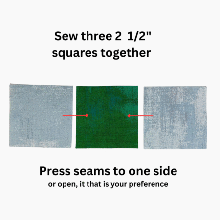 Top US quilting blog and shop, Kate Colleran Designs, shares about Block 2 Tannenbaum in the Jingle Bell Pines Block Party! Image is 3 squares of fabric in blue and green ready to piece.