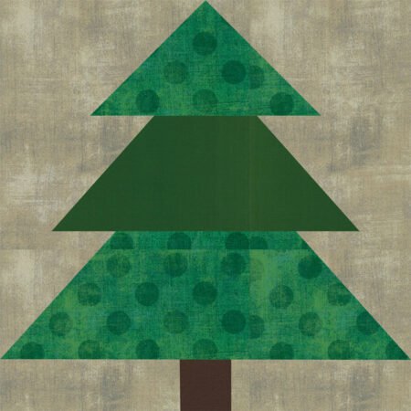 Top US quilting blog and shop, Kate Colleran Designs, shares about Block 2 Tannenbaum in the Jingle Bell Pines Block Party! Image is pieced tree block in greens with a khaki background.