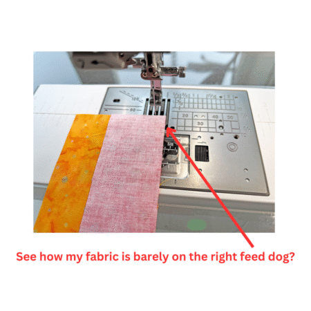 Top US quilting blog and shop, Kate Colleran Designs, shares about Block 4 Gifts Galore in the Jingle Bell Pines BOM Block Party! Image is 2 pieces of fabric layered together under the sewing machine