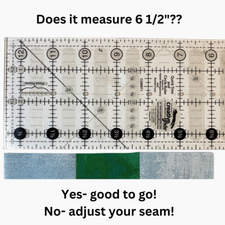Top US quilting blog and shop, Kate Colleran Designs, shares about Block 2 Tannenbaum in the Jingle Bell Pines Block Party! Image is 3 squares of fabric in blue and green shown sewn together with a ruler to check the measurement.