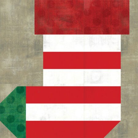 Jingle Bell Pines BOM Block Party Block 5 Jingle Socks! Image is a red and white Christmas stocking quilt block with a green toe and khaki background.