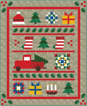 Top US quilting blog and shop, Kate Colleran Designs, shares about the Jingle Bell Pines BOM Block Party setting blocks and borders. Image is a holiday quilt in red, green, yellow, blue, and white with khaki background.