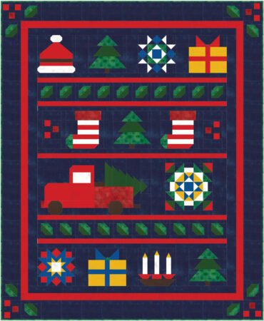 Top US quilting blog and shop, Kate Colleran Designs, shares about the Jingle Bell Pines BOM Block Party setting blocks and borders. Image is a holiday quilt in red, green, yellow, blue, and white with navy background.