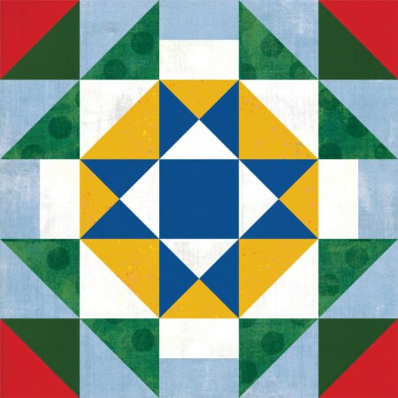 Top US quilting blog and shop, Kate Colleran Designs, shares about the Jingle Bell Pines Block Party Block 7 Rose Star. Image is a star quilt block in yellow, blue, green , red with a light blue background.