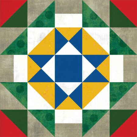Top US quilting blog and shop, Kate Colleran Designs, shares about the Jingle Bell Pines Block Party Block 7 Rose Star. Image is a star quilt block in yellow, blue, green , red with a khaki background.
