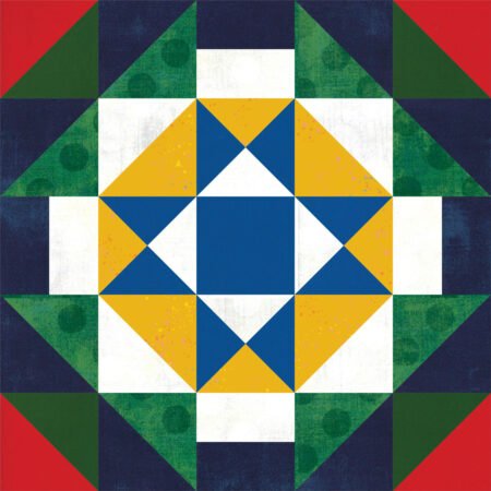 Top US quilting blog and shop, Kate Colleran Designs, shares about the Jingle Bell Pines Block Party Block 7 Rose Star. Image is a star quilt block in yellow, blue, green , red with a navy background.
