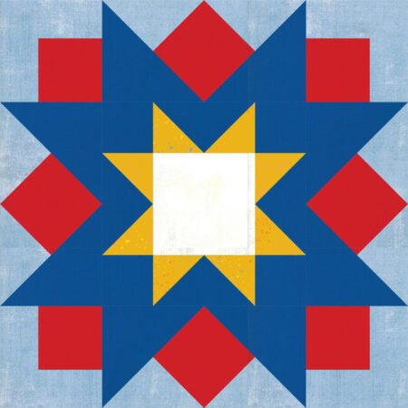 Top US quilting blog and shop, Kate Colleran Designs, shares about the Jingle Bell Pines Block Party Block 8 Tree Topper. Image is a star quilt block in red, white, dark blue, and yellow with a light blue background.