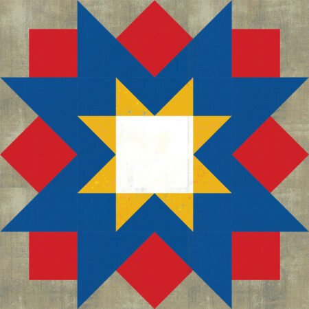 Top US quilting blog and shop, Kate Colleran Designs, shares about the Jingle Bell Pines Block Party Block 8 Tree Topper. Image is a star quilt block in red, white, dark blue, and yellow with a khaki background.