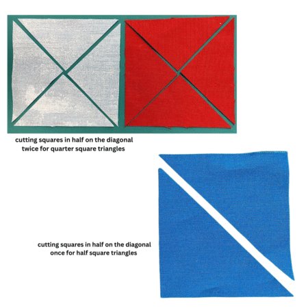 Top US quilting blog and shop, Kate Colleran Designs, shares about the Jingle Bell Pines Block Party Block 8 Tree Topper. Image is white and red fabrics cut into 4 quarter square triangles and a blue square cut into half square triangles.