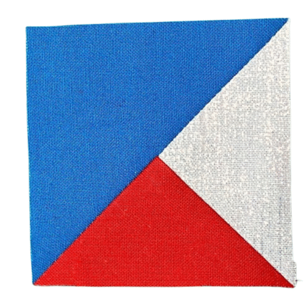 Top US quilting blog and shop, Kate Colleran Designs, shares about the Jingle Bell Pines Block Party Block 8 Tree Topper. Image is a blue, red and white quilt partial square triangle unit.