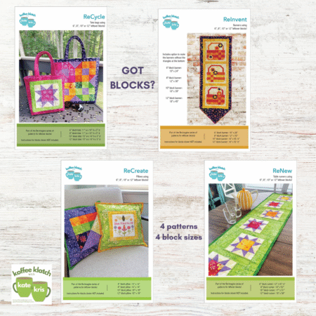 Top US quilting blog and shop, Kate Colleran Designs, shares about new projects using quilt blocks and how to resize. Image is 4 pattern covers for 4 projects and the words Got Blocks?