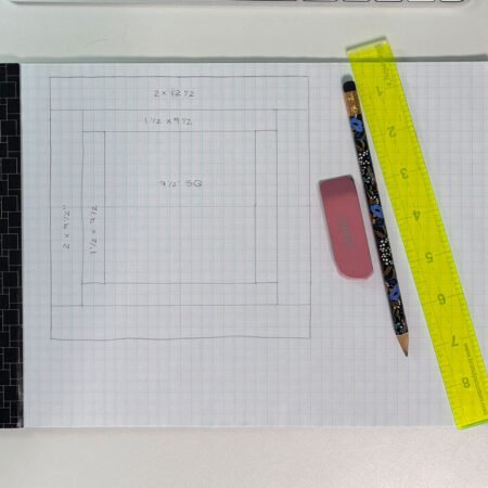 Top US quilting blog and shop, Kate Colleran Designs, shares about new projects using quilt blocks and how to resize. Image is graph paper and pencil showing border sizes.