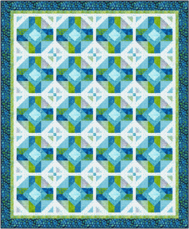 Top US quilting blog and shop, Kate Colleran Designs, shares about her new batik line called Garden Gate and a FQ bundle giveaway! Image is a quilt with squares and rectangles in blue, green and white batiks.
