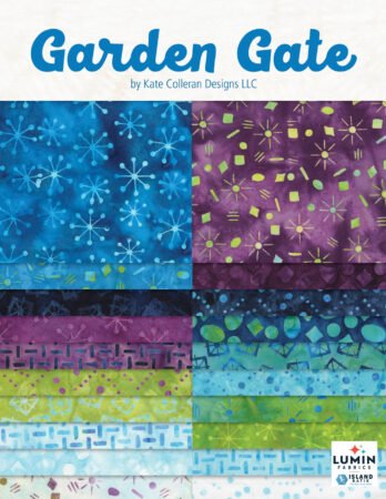 Top US quilting blog and shop, Kate Colleran Designs, shares about her new batik line called Garden Gate and a FQ bundle giveaway! Image is a header of batiks fabrics in blue, green purple and magenta.