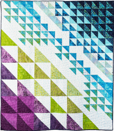 Top US quilting blog and shop, Kate Colleran Designs, shares about her new batik line called Garden Gate and a FQ bundle giveaway! Image is a modern quilt with squares and triangles in blue, green, magenta and white batiks.