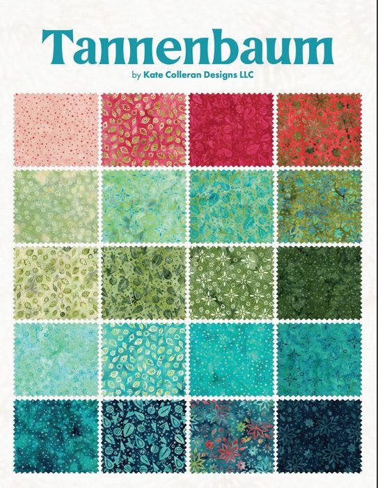 Display of fabric samples in reds, greens and blues. Tannenbaum fabric from Lumin Fabrics